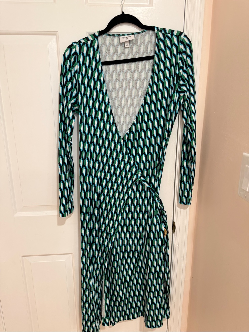 Diane Von Furstenberg Teal and Black Geometric Wrap Dresses - Size M & L & XL